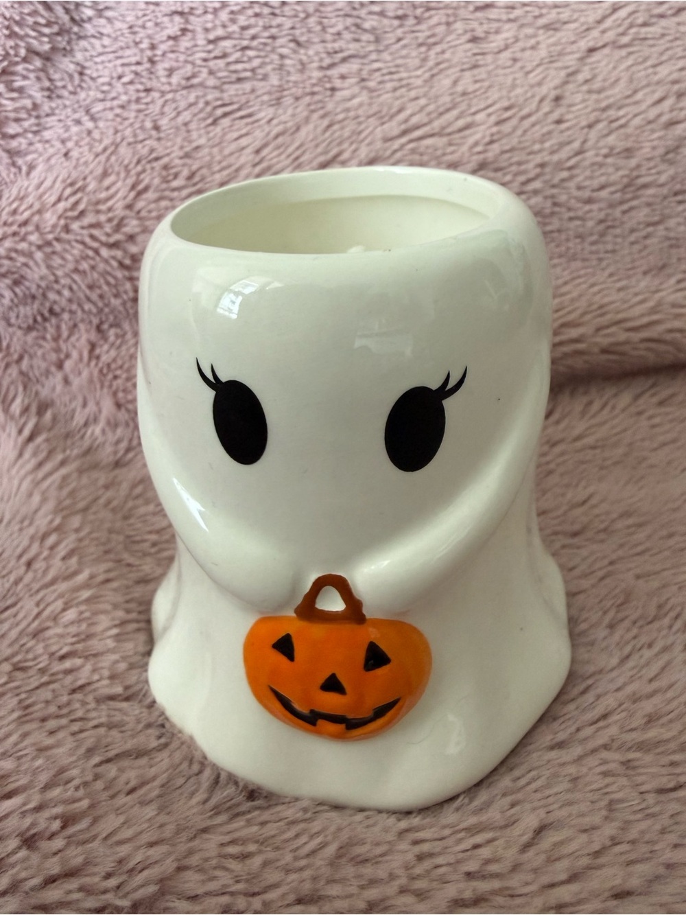 👻 Ghost Ceramic Halloween Candle Holder with Lashes & Orange Pumpkin Accent
